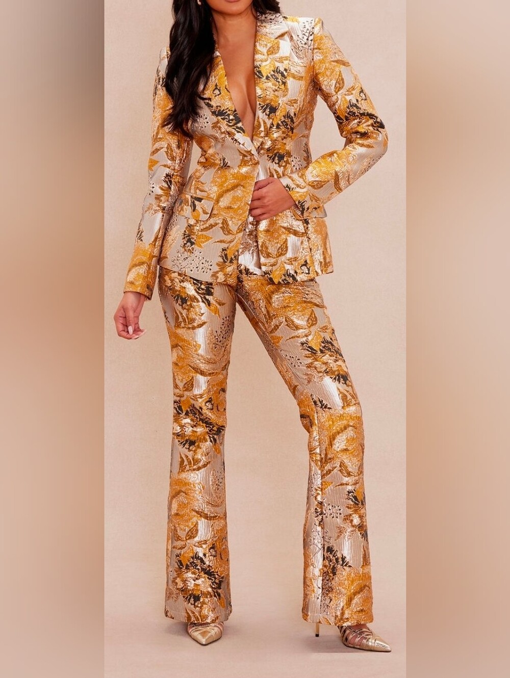 Metallic Gold Floral Brocade Suit - Women